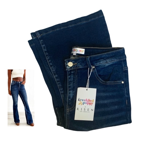 Freckled Poppy X Risen Poppy Hi Rise Dark Wash Back Knee Seam Flare Jeans Sz 30 - Picture 1 of 16